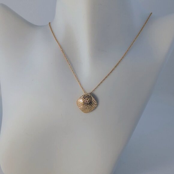 14K Gold Textured Square Puffed Pendant Necklace With Delicate Chain - Picture 1 of 7